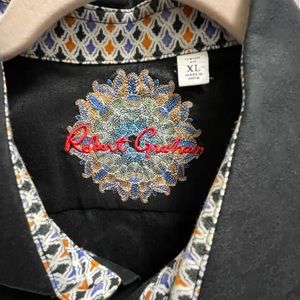 Robert Graham Black Button-Down with Multicolor Embroidered Medallion